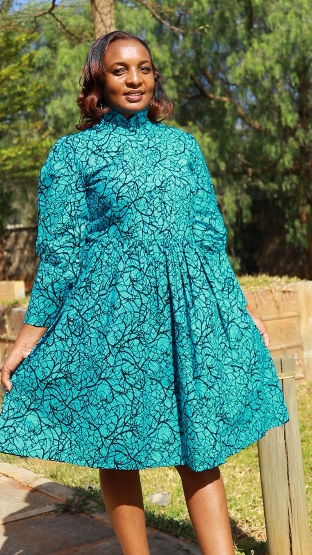 A-Line  - black and torqouise  Floral motif