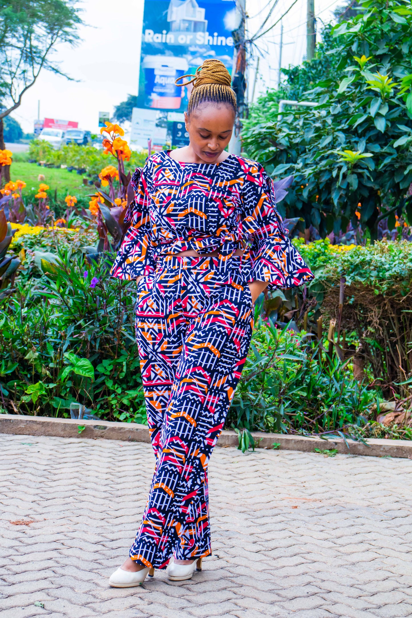 Two Piece Palazzo with brown, black, white  prints motif