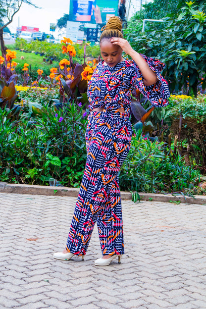 Two Piece Palazzo with brown, black, white  prints motif