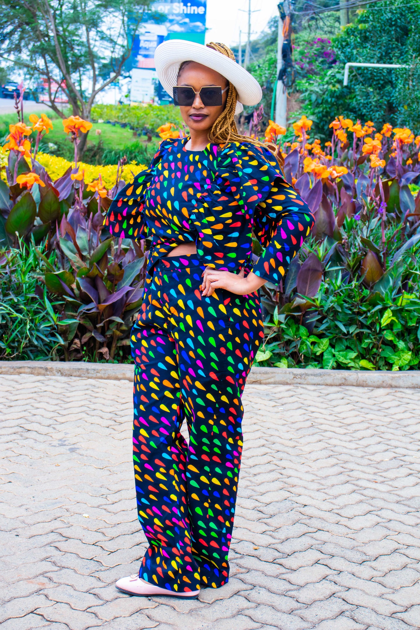 Two Piece Palazzo, black  with orange, red, blue and pink loop  motif