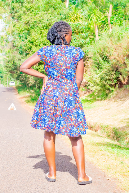 A-Line dress of navy blue, Light blue, brown white and cream prints