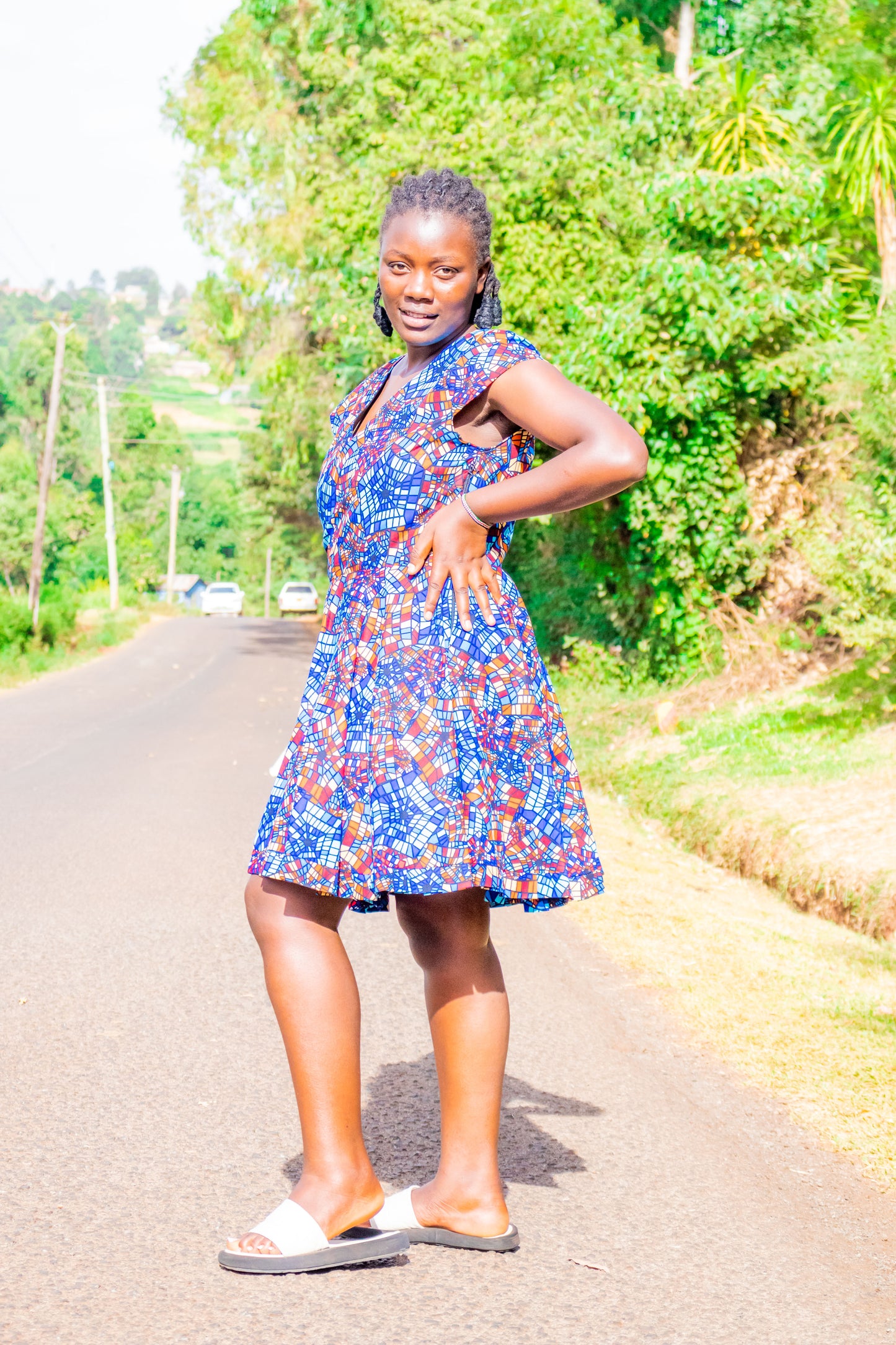 A-Line dress of navy blue, Light blue, brown white and cream prints