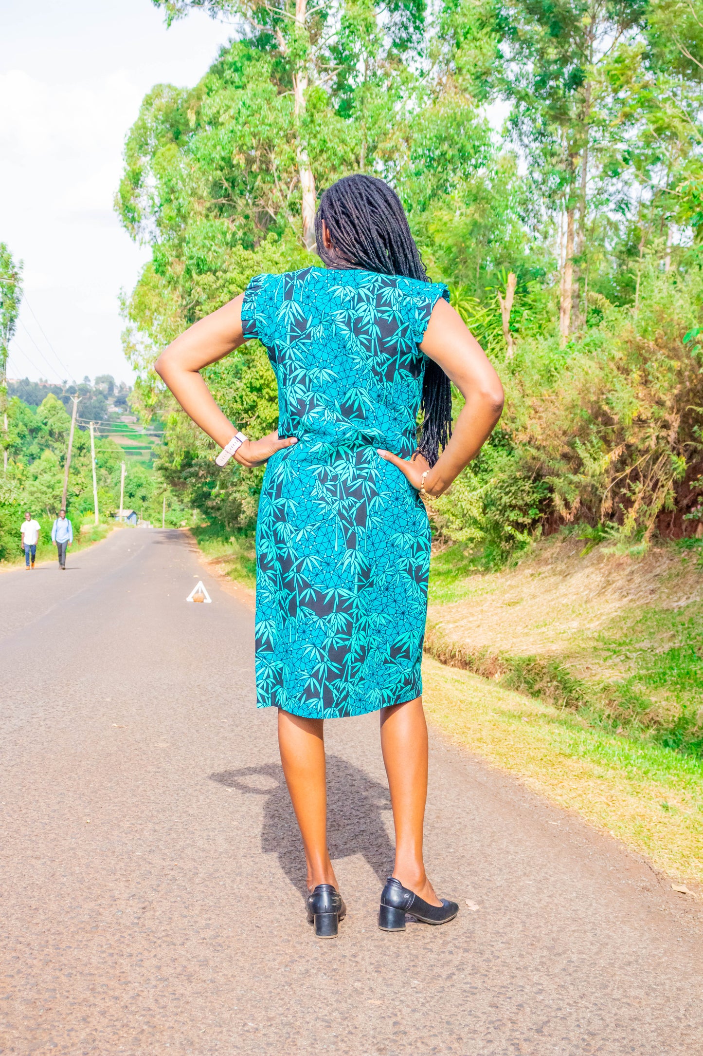 Sheath & free size dresses, back, light blue, turqoise green floral motif.