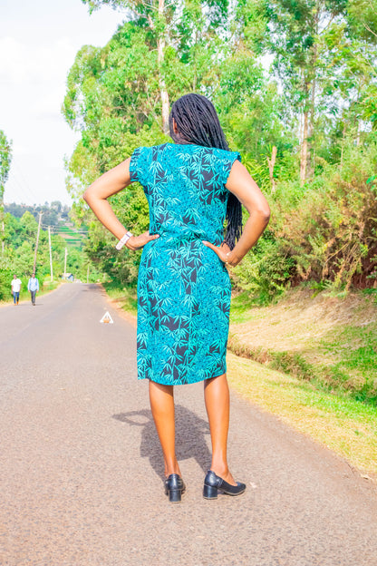 Sheath & free size dresses, back, light blue, turqoise green floral motif.