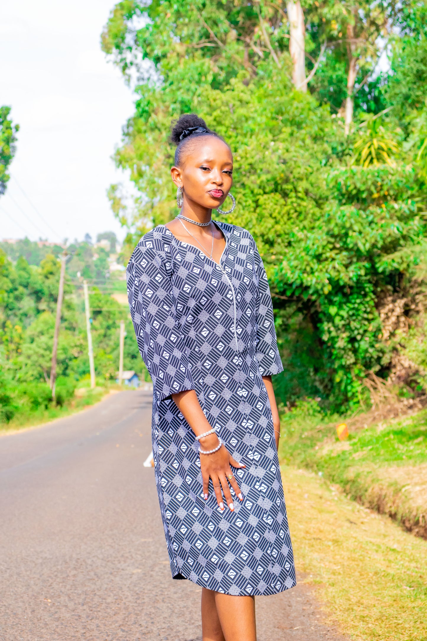 Shirt dress - Black and white squares, lines and circles motif