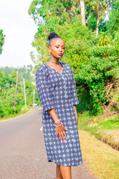 Shirt dress - Black and white squares, lines and circles motif