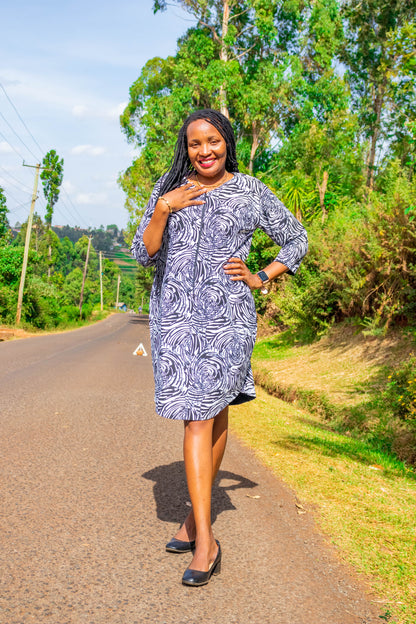 Shirt Dress of Black and white prints, midi sleeves,