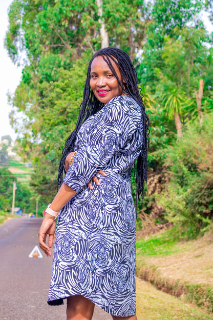 Shirt Dress of Black and white prints, midi sleeves,