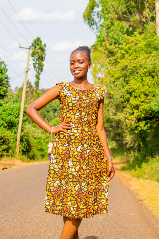 Sheath dress - Brown, orange, gold, bronze  and white  prints motif