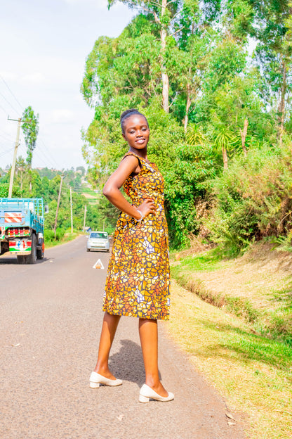 Sheath dress - Brown, orange, gold, bronze  and white  prints motif