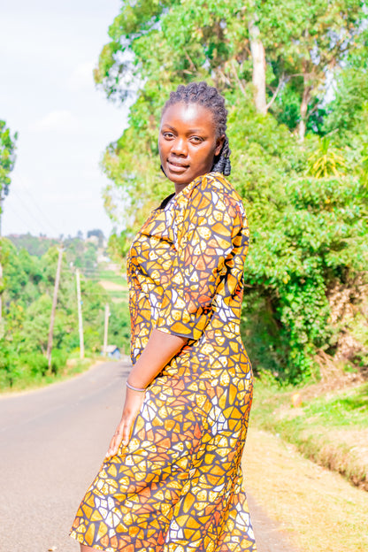 Sheath dress - Brown, orange, gold, bronze  and white  prints motif