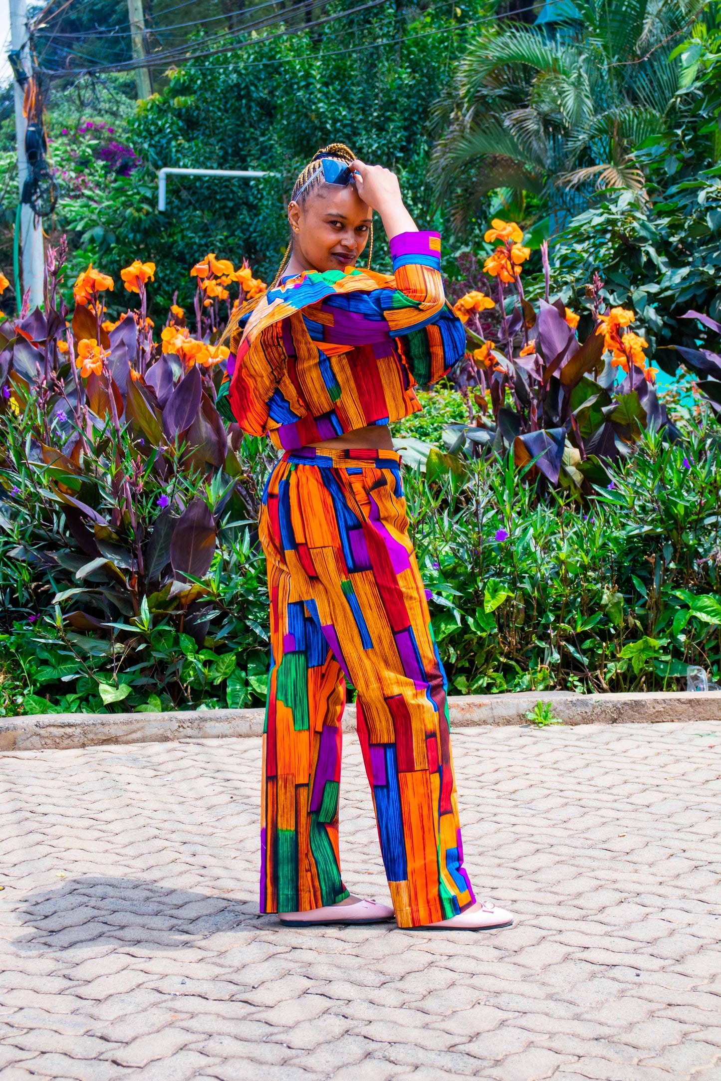 Two Piece Palazzo, Orange, black, brown, green squares and lines  motif