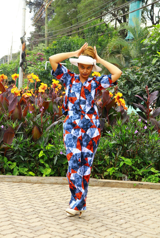 Two Piece Palazzo of black, grey and red prints motif