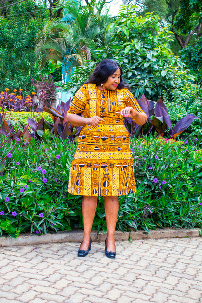 A-Line dress with  orange black prints motif