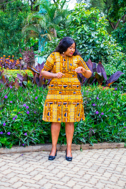 A-Line dress with  orange black prints motif