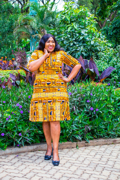 A-Line dress with  orange black prints motif