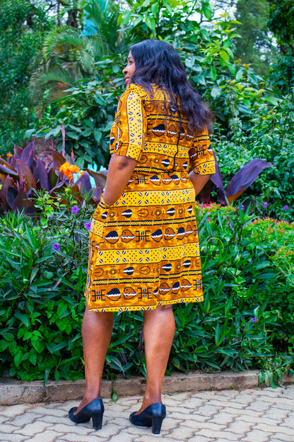 A-Line dress with  orange black prints motif