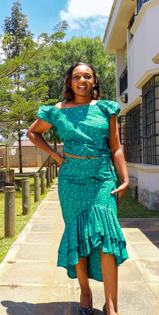 Rufflette-Skirt and top-  Turqouise green  and black floral motif