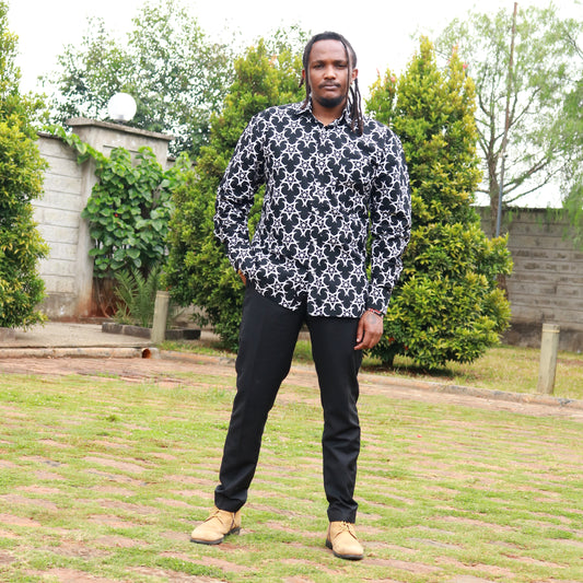 Long sleeve shirt- Floral motif of black and white