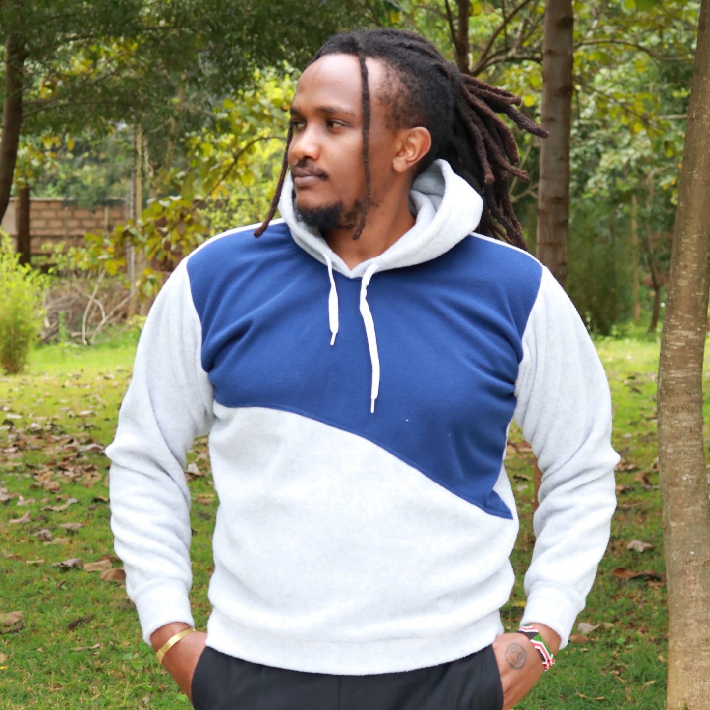 Hoodie - Grey and Navy blue Fleece Pullover Hoodie