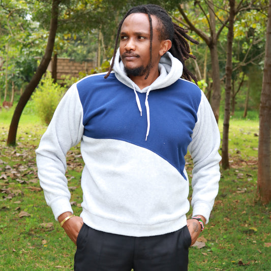 Hoodie - Grey and Navy blue Fleece Pullover Hoodie