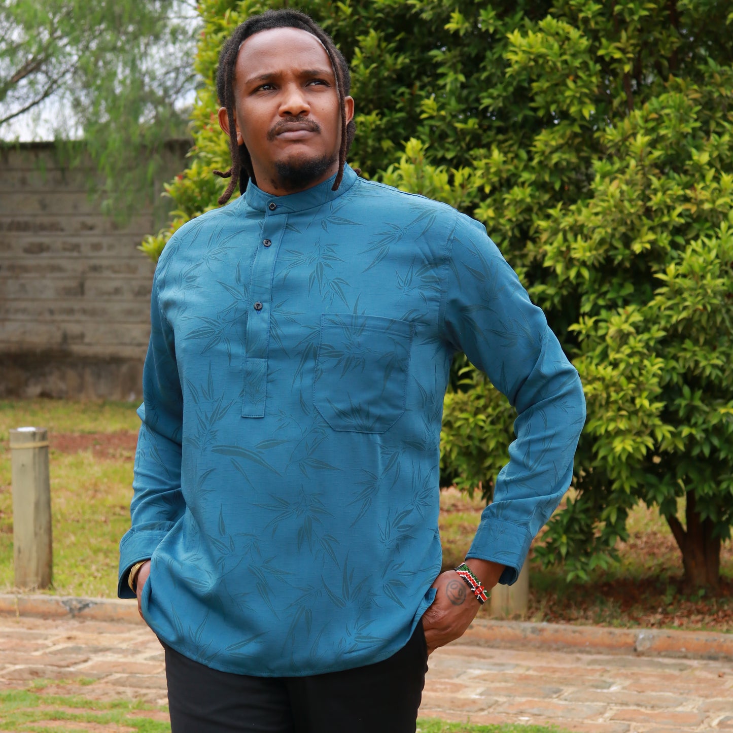 Long sleeve shirt -Blue emborsed floral motif
