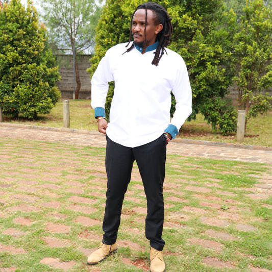 Long sleeve shirt-White, blue collar