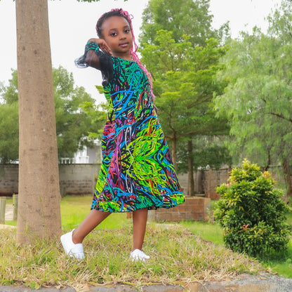 Tweens - Green, tourqoise, red & black motif