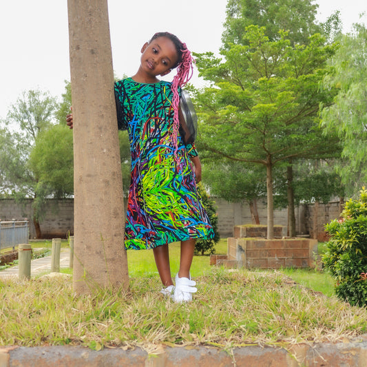 Tweens - Green, tourqoise, red & black motif