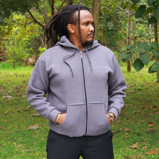 Hoodie - Grey fleece zip-up hoodie