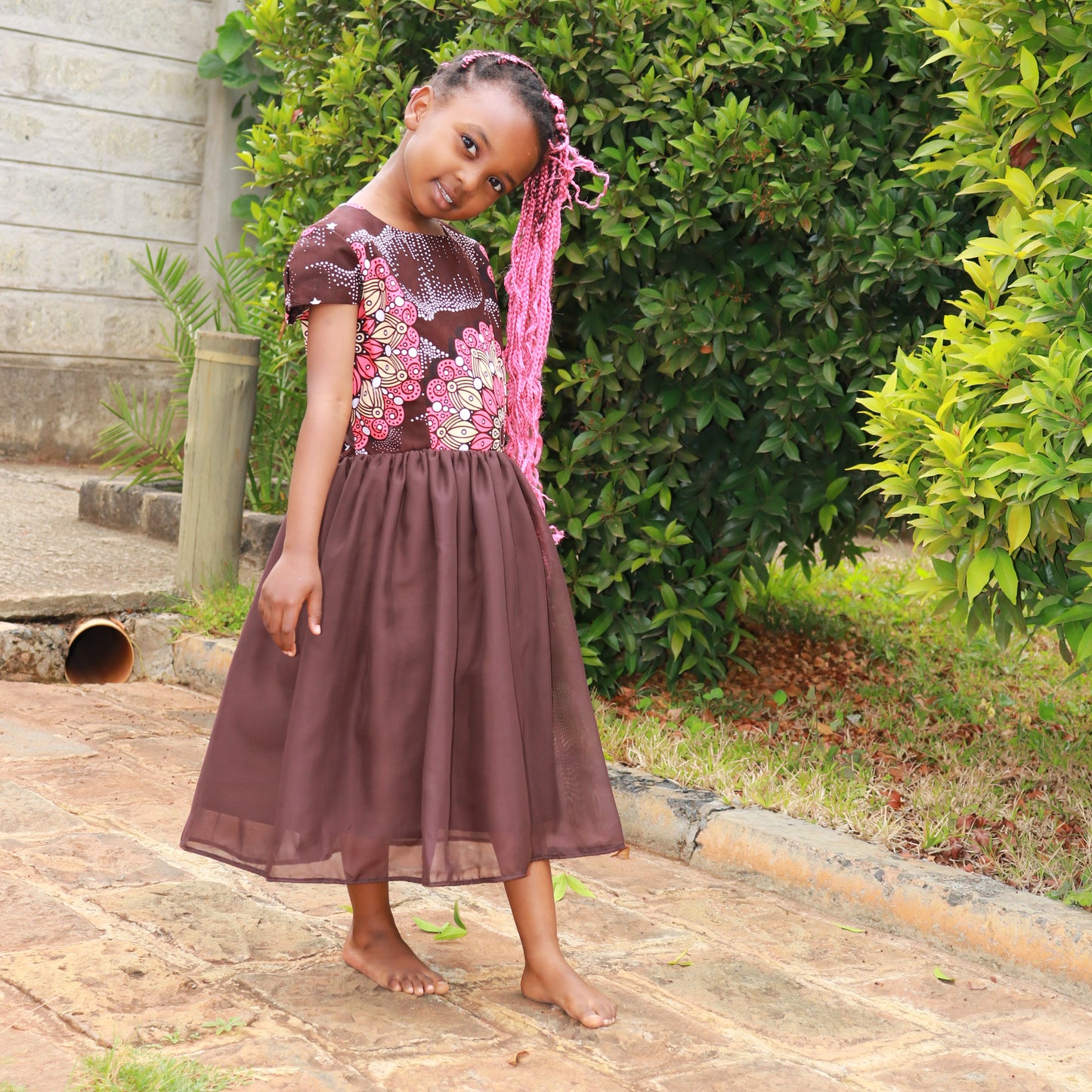 Tweens-  brown, pink multi floral bodice