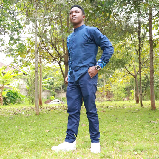 Casual Smart 2 piece - Navy blue with contrast of African print