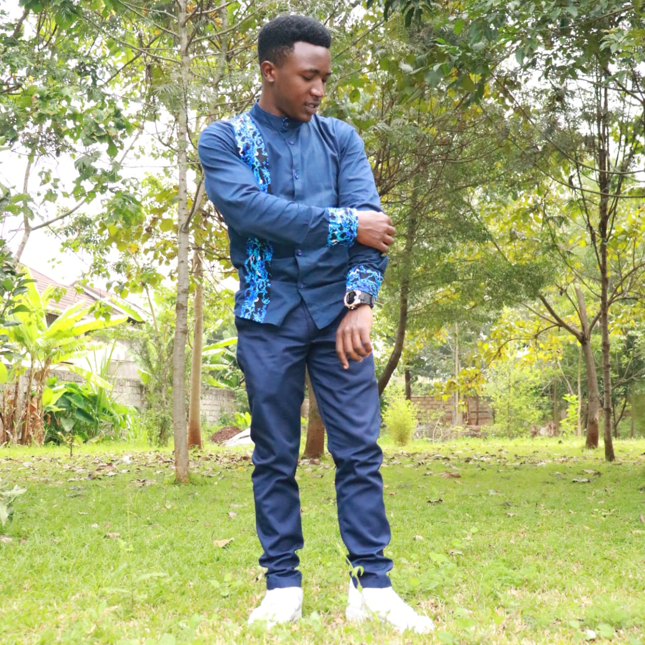 Casual Smart 2 piece - Navy blue with contrast of African print