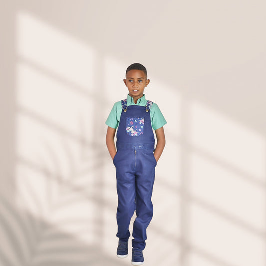 Dungarees-Navy blue jeans material and unicorn prints motif on chest  pocket: 