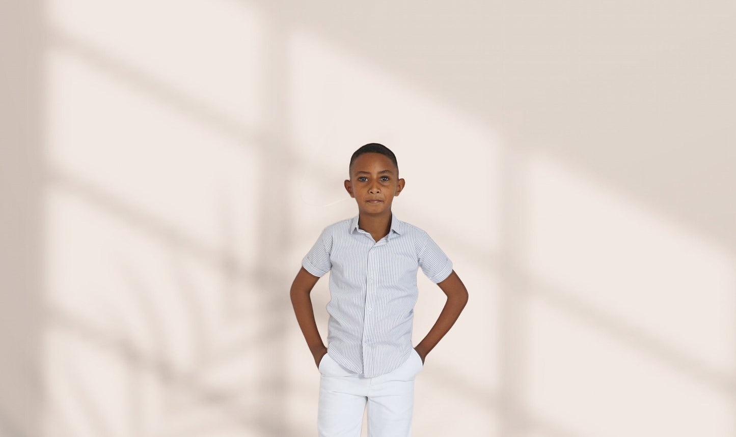 Boys shirts- grey and white lines.  Regular collar and short sleeves