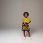 Primary-Yellow Bodice and skirt with zigzags of  black pink yellow white and light green colors motif