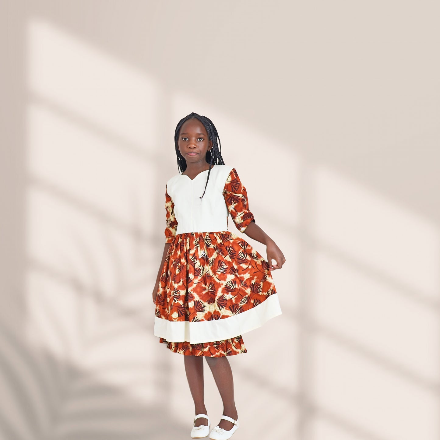 Tweens-Plain cream bodice Skirt and ruffles of cream light brown and dark brown colors floral motif