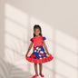 Kinder-Plain red bodice and skirt of navy blue white red and cream colours motif