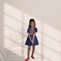 Kinder-Navy blue red and brown floral motif and blue skirt: