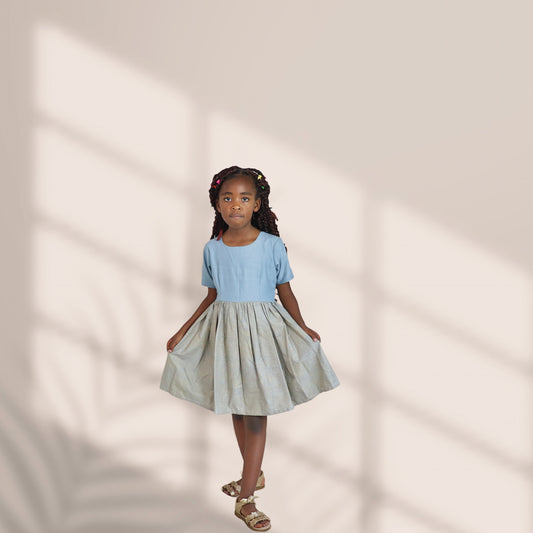 PreK-Light blue cotton/rayon and skirt of grey yellow blue and brown small lines: