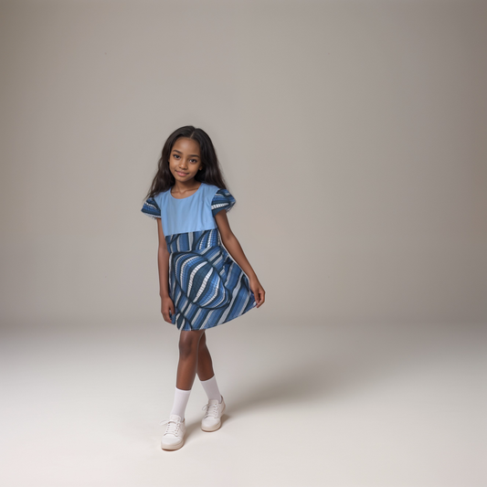 PreK-Light blue bodice mix match with skirt of  navy blue white light blue box motif: