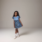 PreK-Light blue bodice mix match with skirt of  navy blue white light blue box motif: