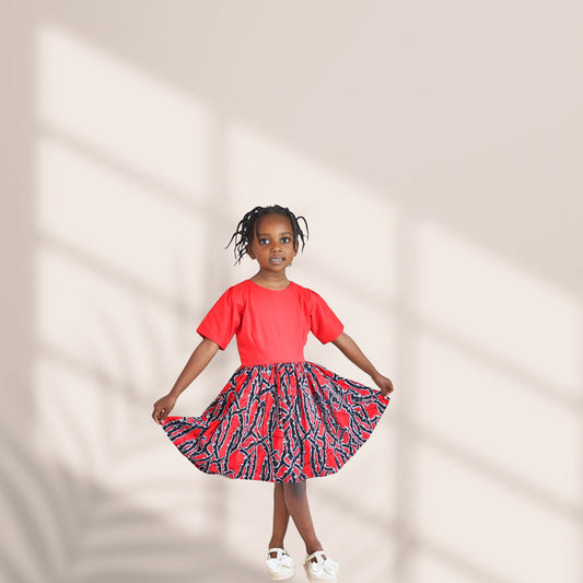 PreK-Plain Red bodice with mix match skirt of red black and white dots: