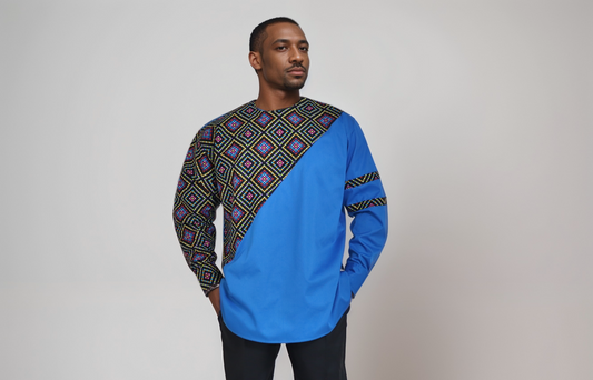 Long sleeve shirt - Turquoise blue mix match with  African print of black ,  orange red, pink, and yellow square prints