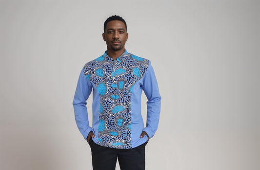 Long sleeve shirt - Two colour Mix match shirt:  Light  blue material on back and sides and African print material of back background, turquoise, light blue ,white circles and dots.