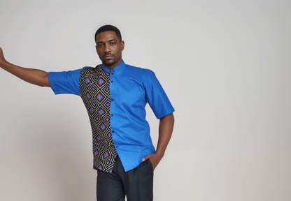 Short sleeve shirt - Turquoise blue mix match with  African print of black ,  orange red, pink, and yellow square prints