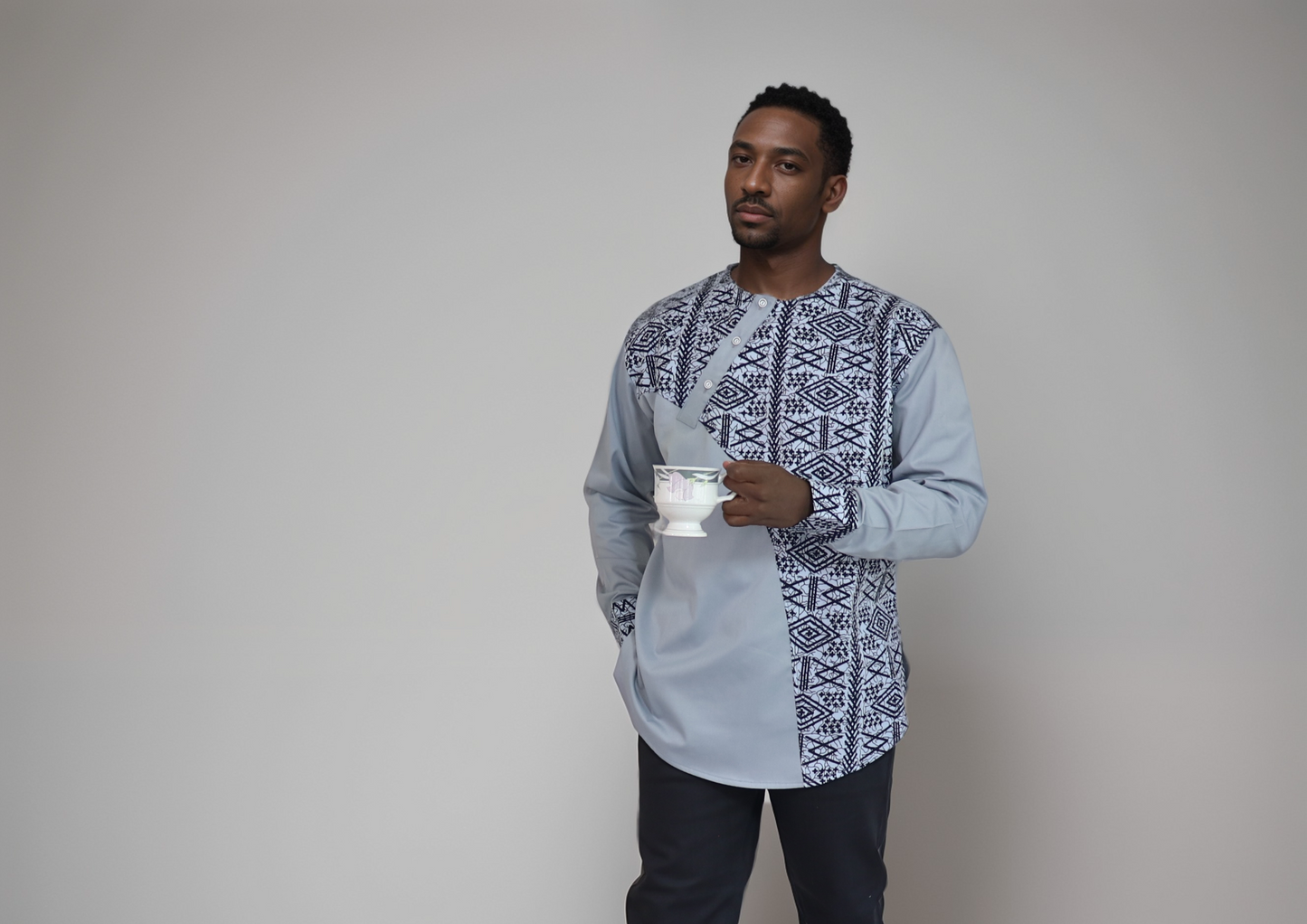 Long sleeve shirt -  Light grey cotton/Polyester Material with Black and grey African cotton Print