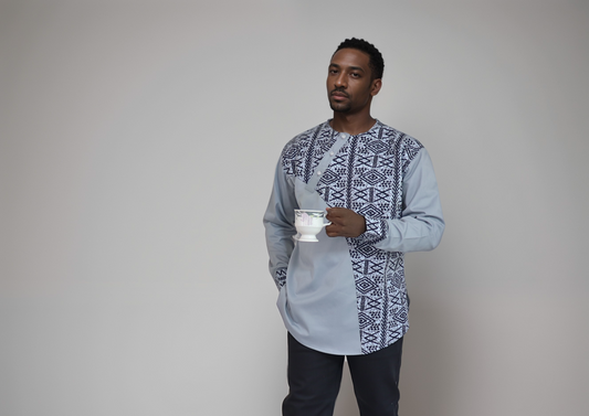 Long sleeve shirt -  Light grey cotton/Polyester Material with Black and grey African cotton Print