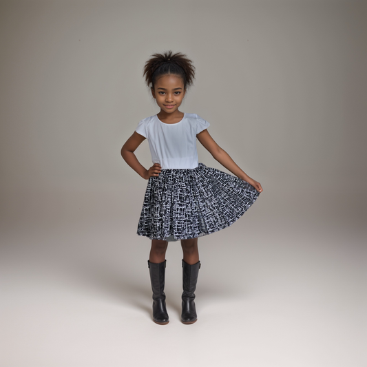 Primary-Plain white and skirt with black and white stripes motif