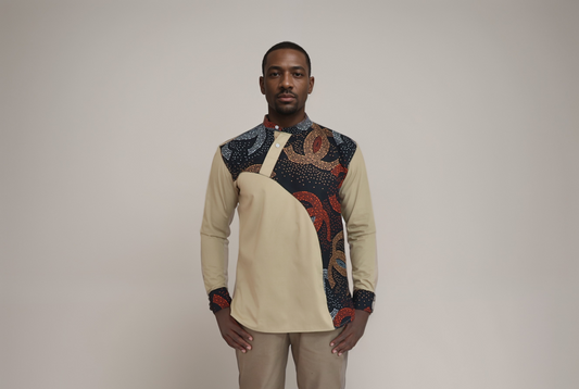 Long sleeve shirt - Ivory cream ctton/polyester shirt mix match with  African print of black cream and  orange red print on Plaket, mandarin collar and sleeve cuffs